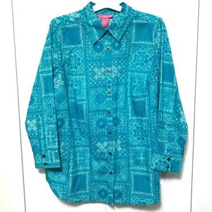 *Woman Within Teal Patchwork Bandana Pattern Long-Sleeve Button Down Top NWOT